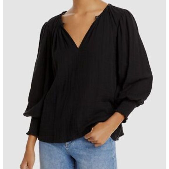 Velvet Long Sleeve V-Neck Blouse Top Black Petite - Picture 1 of 6